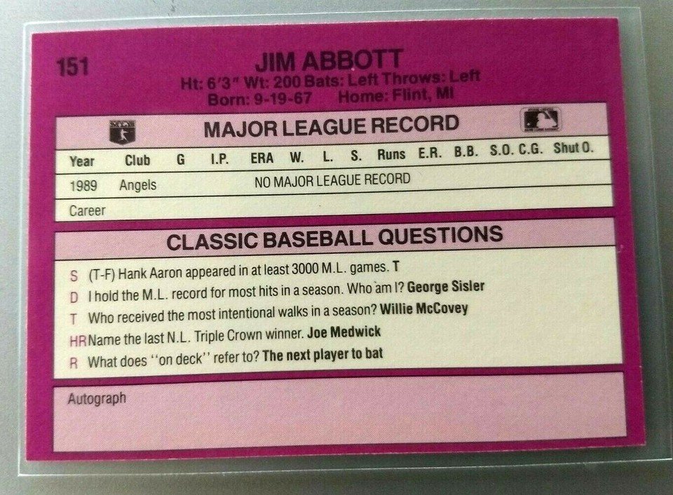 1990 CLASSIC JIM ABBOTT ROOKIE CARD #151 NEW YORK YANKEES CALIFORNIA