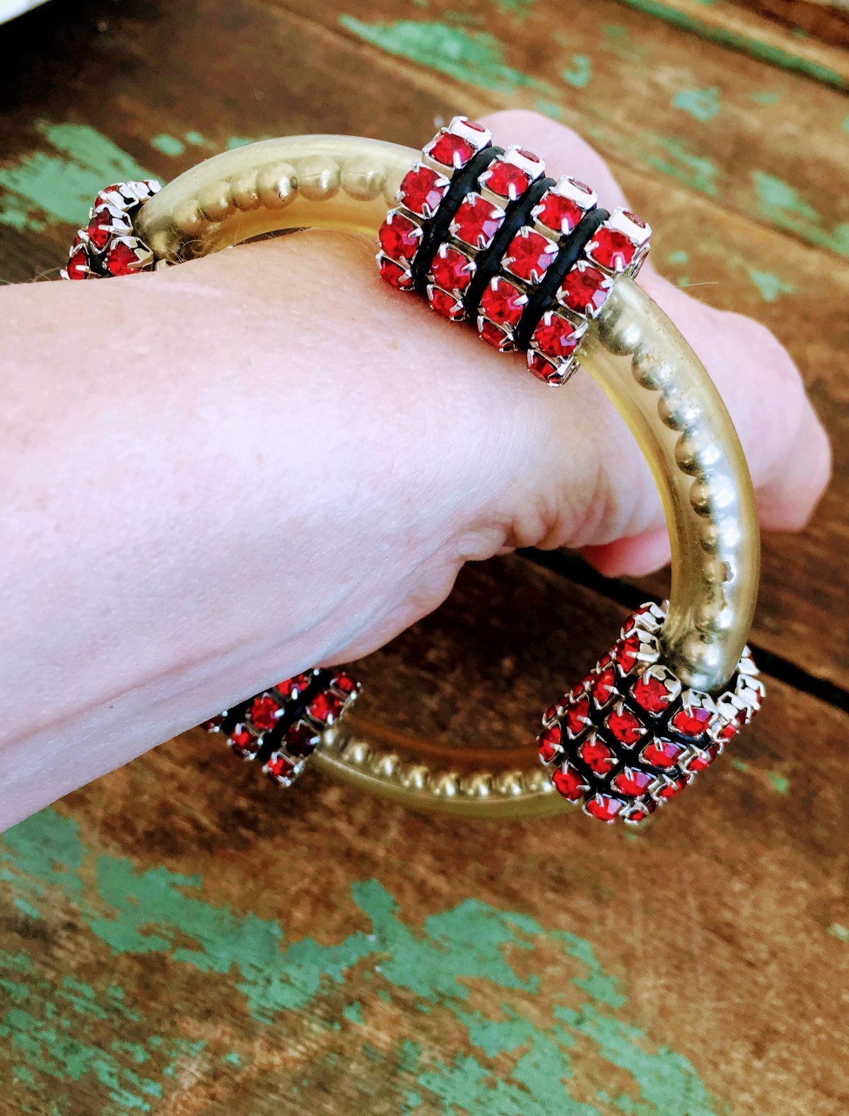 Vintage Industrial Red Rhinestone Bracelet Plasti… - image 6