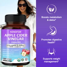 Organic Apple Cider Vinegar Capsules - 1600mg with Green Tea 120 Vegetarian Caps