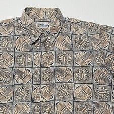 VINTAGE Reyn Spooner XL Shell Tribal Tapa Kapa Hawaiian Aloha Shirt Brown 1990s