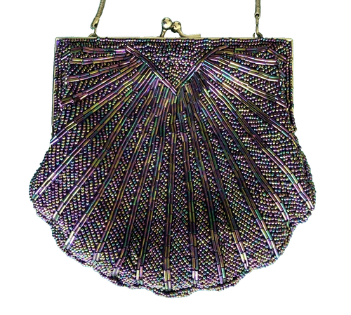 Vintage Irridescant Beaded Evening Purse Clam Shell Shaped Shoulder/Clutch Bag