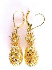 W: 3/8 10 MM L: 40 MM 14K Solid Yellow Gold 3D Pineapple Earring E295LV