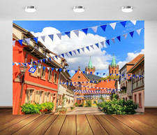 7x5ft Fabric Oktoberfest Backdrop Germany Bavaria Town Street with Bavarian Flag