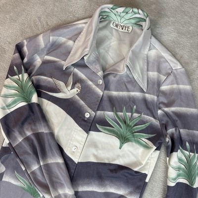 Vtg  1970's Giraffe Novelty Blouse Nylon Disco Dove Wave Psychedelic Top Shirt S