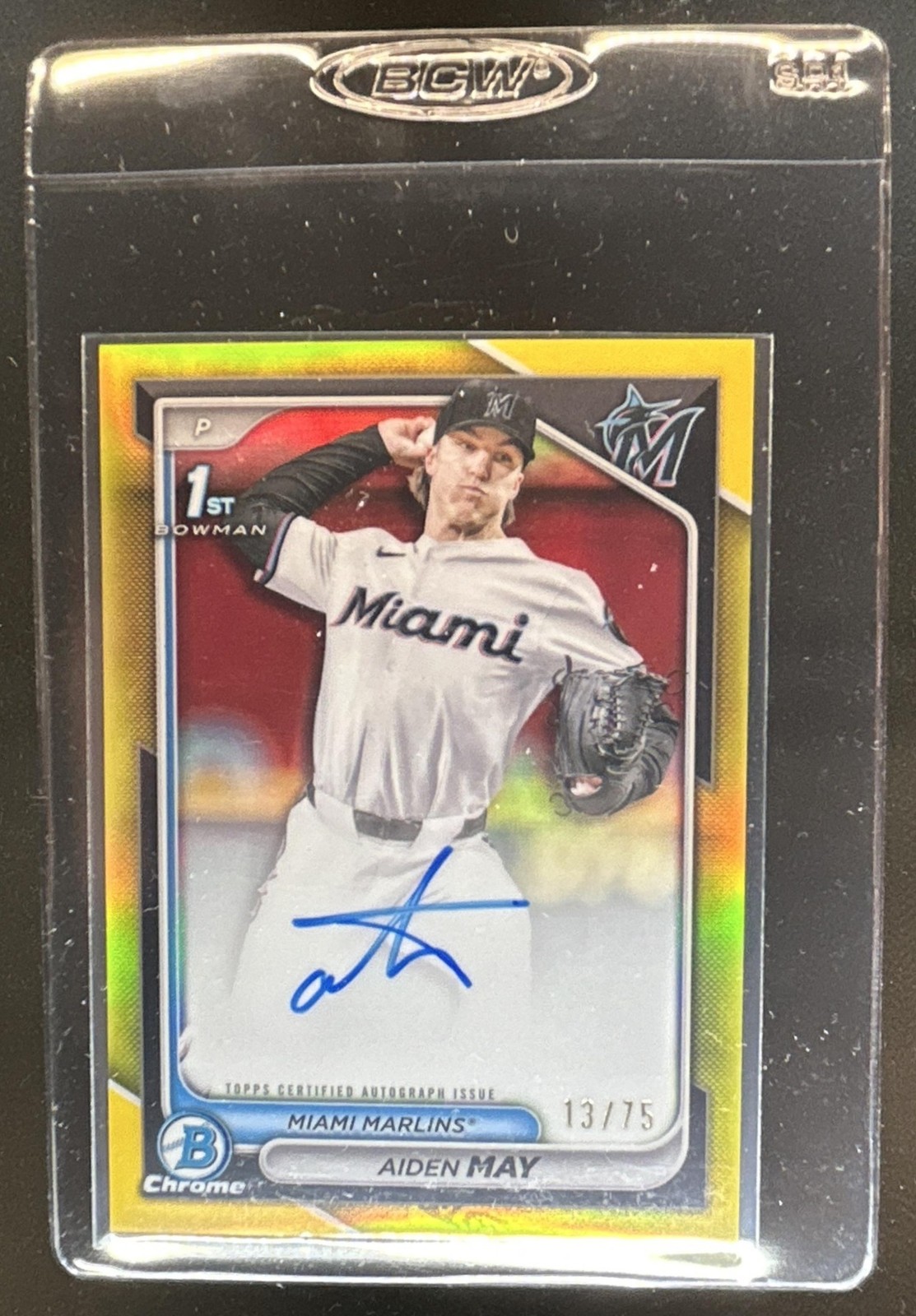 2024 Bowman Draft Aiden May Chrome Auto Yellow Refractor 1st #/75 Marlins