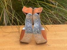 New Engraved Aluminum Western Show Saddle Bell Stirrups w Leather Treads