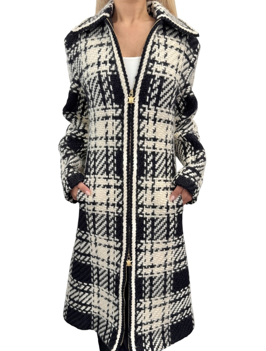 CELINE⭐チェック ロングコート ウッドボタン キルティング ヴィンテージ CELINE Vintage Tweed Long Jacket Coat #40 Wool Cashmere White