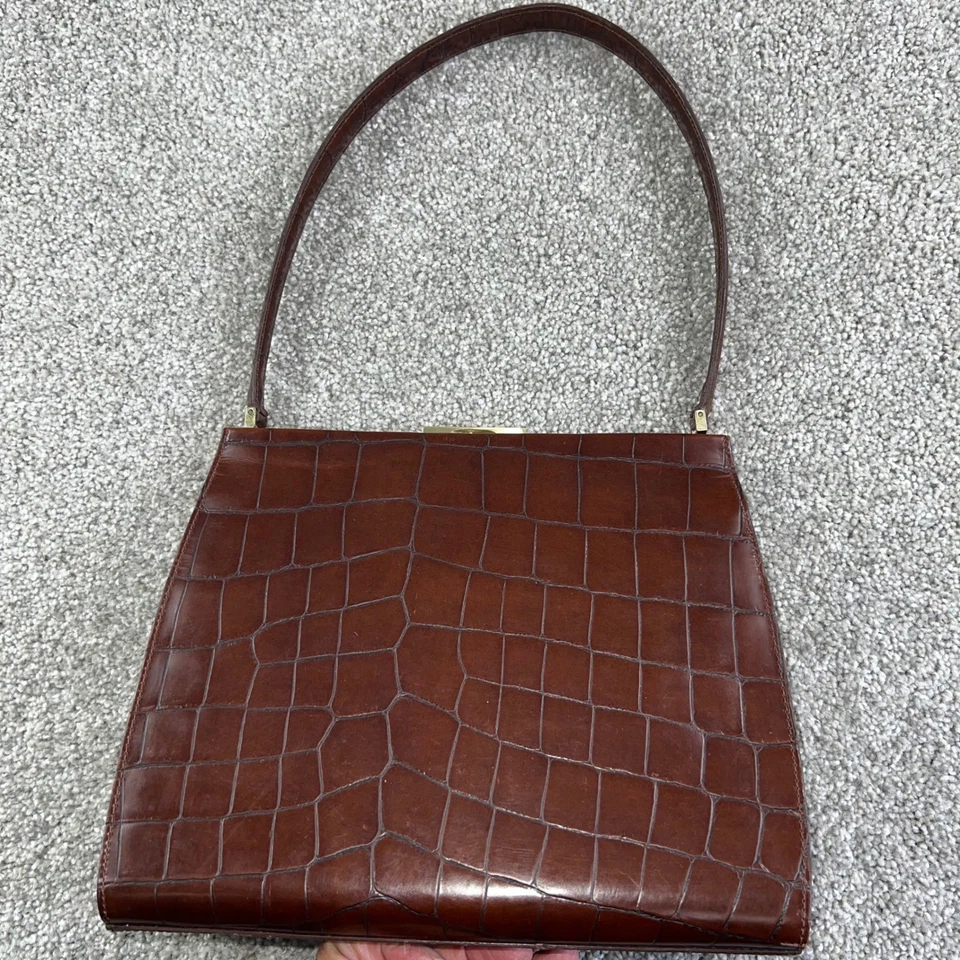 VTG Cole Haan Croc Embossed Leather Top Handle Bag Brown Gold Clasp Retro Chic - Image 2 of 4