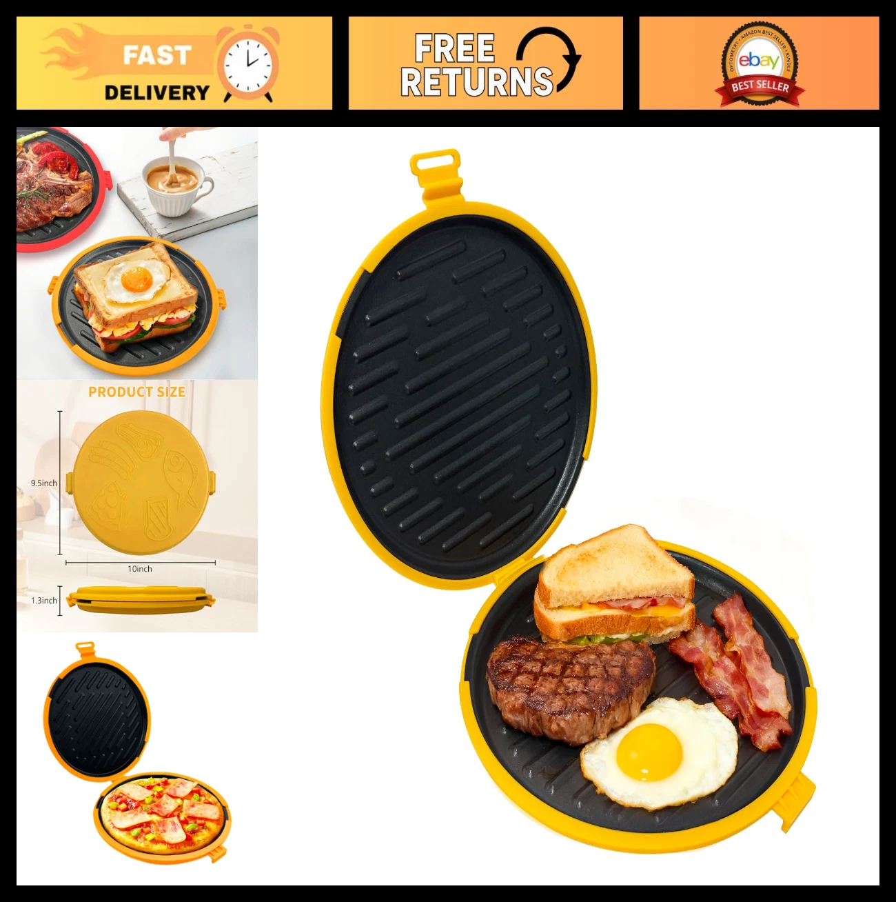 9.5" Nonstick Microwave Grill Pan & Crisper Tray - 5-in-1 Sandwich Maker & Pizza