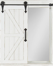 Rustic White Wood Wall Cabinet with Mirror & Sliding Barn Door, 22x28