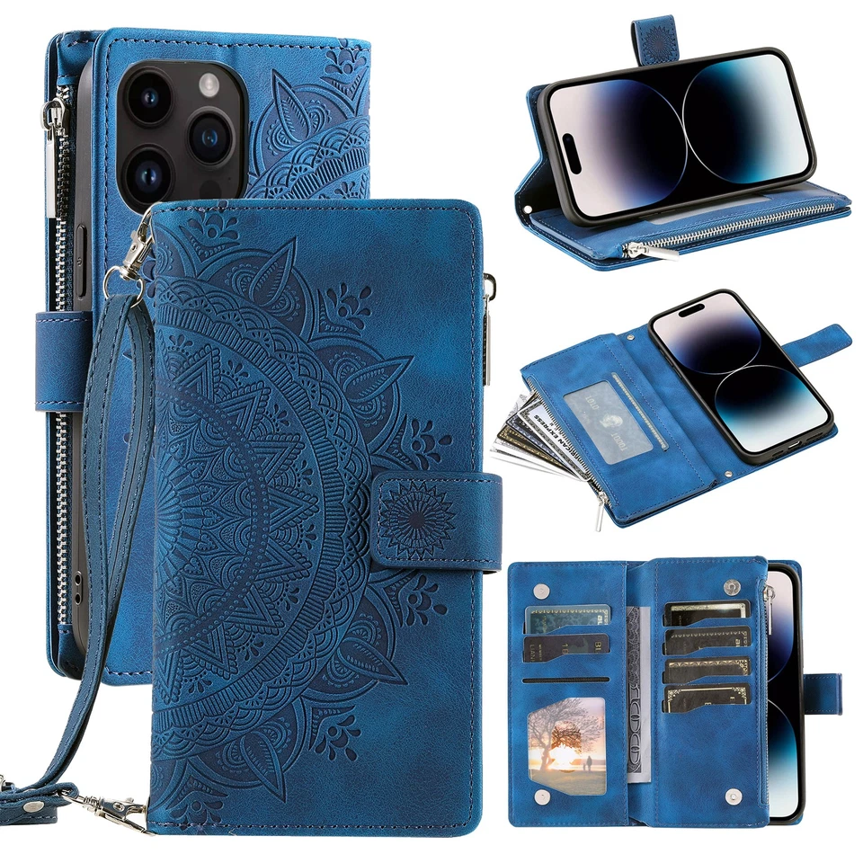 For iPhone 17 Pro Max Air 16 15 14 13 12 Crossbody PU Leather Zipper Wallet Case - Image 3 of 4
