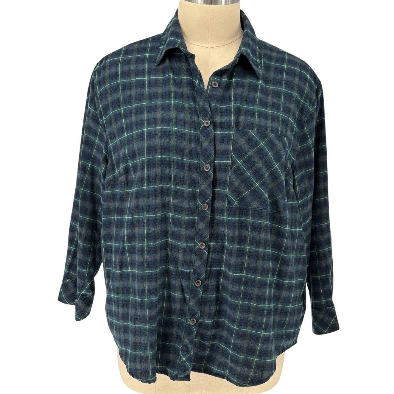 Wild Fable Plaid Button Down Shirt Navy Green Tartan XXL