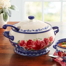 Frontier Rose Cobalt Stoneware 3.17-Quart Soup Tureen w/Ladle for Home Kitchen