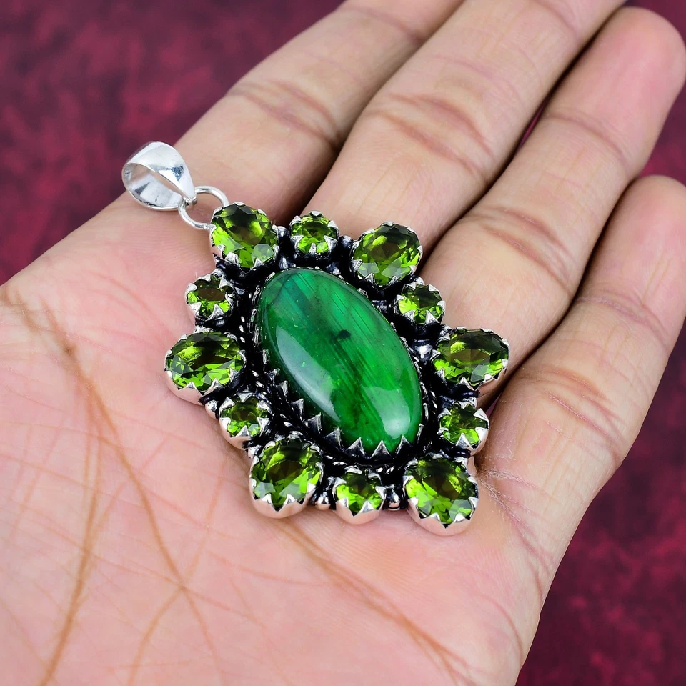 Green Flash Labradorite & Peridot Gemstones Handmade 925 Sterling Silver Pendant - Image 4 of 4