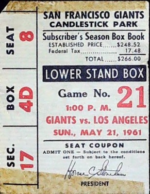 Alston Gorman Argument Koufax Win #40 CG Giants Dodgers Ticket Stub 5/21/1961