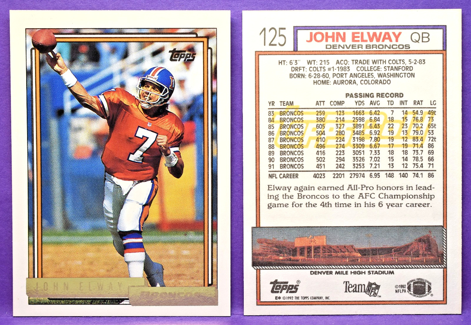 John Elway Denver Broncos 1992 Topps Football #125 - GOLD FOIL PARALLEL INSERT