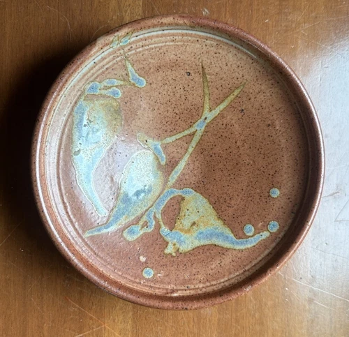 Art Pottery Pedestal Dish Hand Thrown 8” Speckled Drip Glaze Abstract Signed