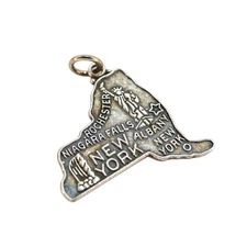 Vintage JMF Travel New York State Map Sterling Silver Charm Oxidized Textured