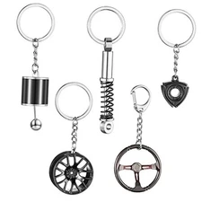 Tallew 5 Pcs Car Parts Key Chains Set with Metal Steering Wheel, Tire Black