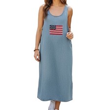 Vtg Asazu Denim Midi Dress USA Flag Large Sleeveless Coastal Cowgirl Cottagecore