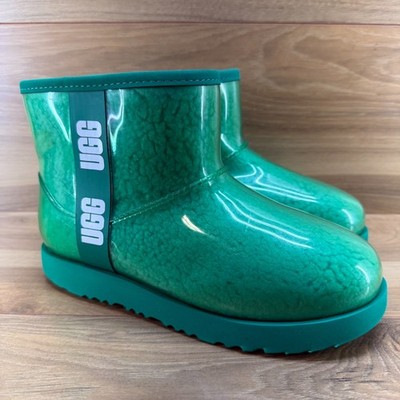 UGG Classic Clear Mini II Big Kids Size 5 Waterproof Ankle Boots Green Fur Lined