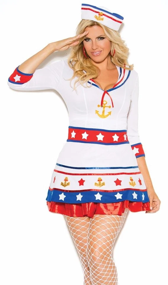 Disfraz de marinero patriótico vestido mangas babero ancla estrellas sombrero blanco 99002 grande Foto 3 de 4