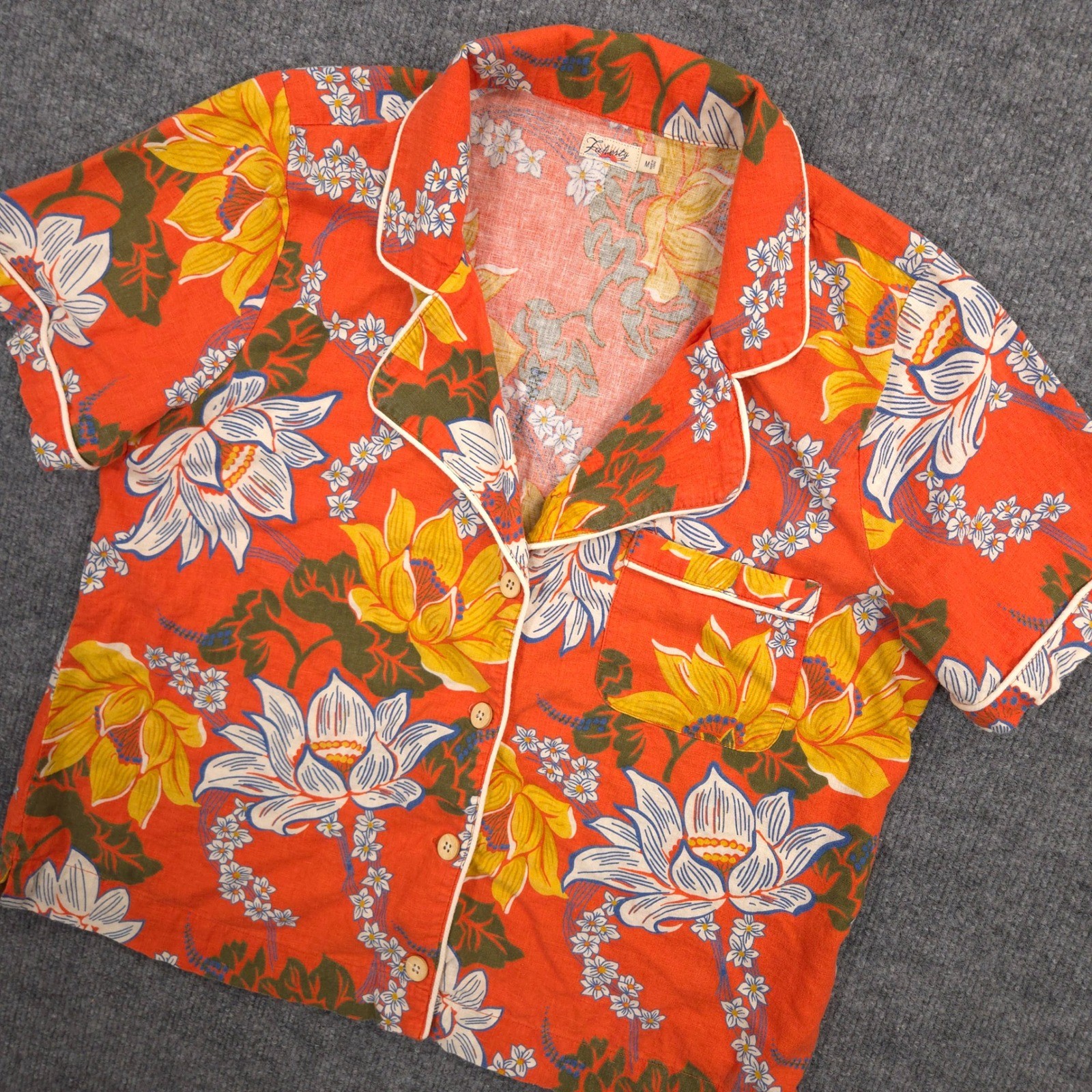 Faherty Maui Shirt Womens M Orange Hawaiian Coral Mauna Key Floral Linen Blend