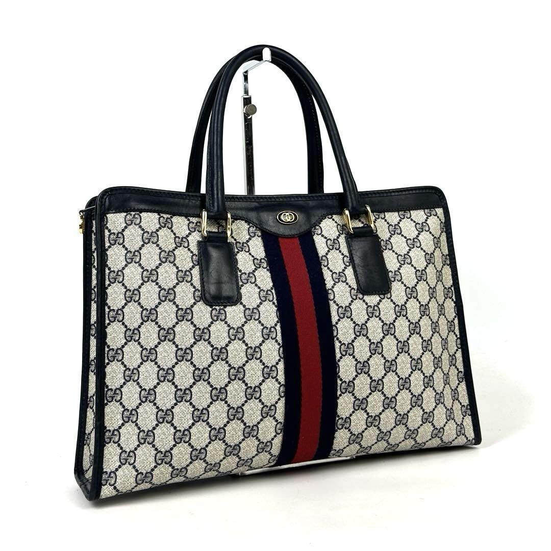 Vintage GUCCI GG Supreme Sherry Leather PVC Navy Gray Business Bag Japan