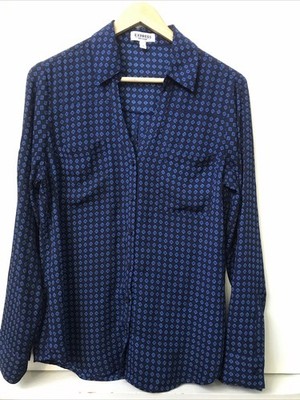 Express Women's The Portofino Shirt Roll Tab Sleeve Navy Blue Print Size M