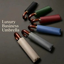 Luxury Automatic Folding Umbrella Wood Curved Handle UPF50 Windproof Sun Rain