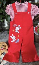 Vintage Baby M&auml;dchen Latzhose Set: 80er 90er rot H&auml;schen Applikation Outfit Oh so s&uuml;&szlig;!
