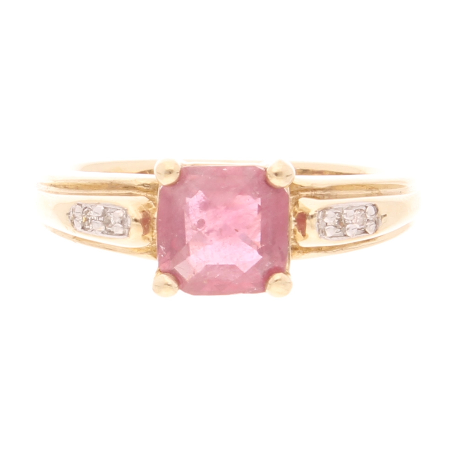 9Carat Yellow Gold Ruby Solitaire w/ Diamond Accents Ring (Size N)6.5x6.5mm Head