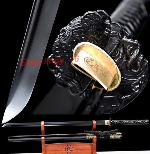 Japanese Straight Sword Black Samurai Katana Sharp 1090Carbon Steel Ninja Knife