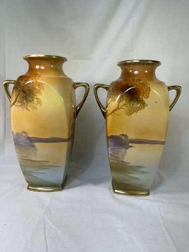 Pair of Nippon Leaf Mark Hand Painted 11.25 Inch VASE w/Large Roses in Landscape - Picture 6 of 15