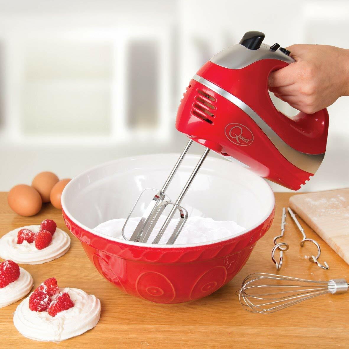 Quest Hand Mixer 5 Speed Chrome Beaters Dough Hook Whisk Electric Kitchen Mixer