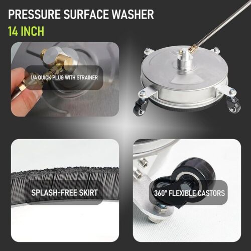 14" Pressure Washer Surface Cleaner Stainless Steel 4 Wheels 4000 PSI 2 Wands US - Picture 5 of 7