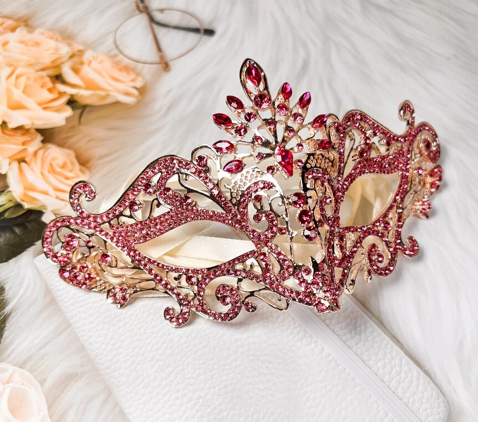 Masquerade Mask Luxury Pink Crystal, Rhinestone Eye Mask, Elegant Party Mask - Image 3 of 4