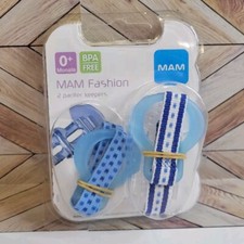New MAM Fashion 2 Pacifiers Keepers Clip Set Blue 0 Months BPA FREE Vintage