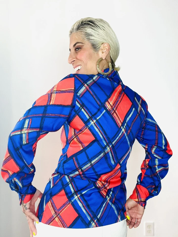 Blusa Top FALL PLAID Azul Rojo Años 70 Años 70 De Colección Con Botones Dama Flecha S M Foto 4 de 4