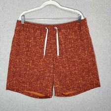 Eddie Bauer Men Swimwear Large Orange Aztec Logo Swim Trunks Drawstring Beach