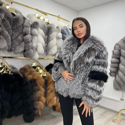 Trendy Women Short Real Silver Fox Fur Jacket Winter Warm Shawl