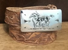 Vtg Sears/Chambers Brown Embossed Leather Belt Youth Sz 22-24 Silver Horse Bkl