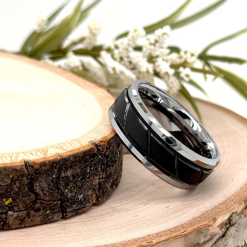 8mm Silver Polish Tungsten Christmas Gifts Band Brushed Black Carved design Ring