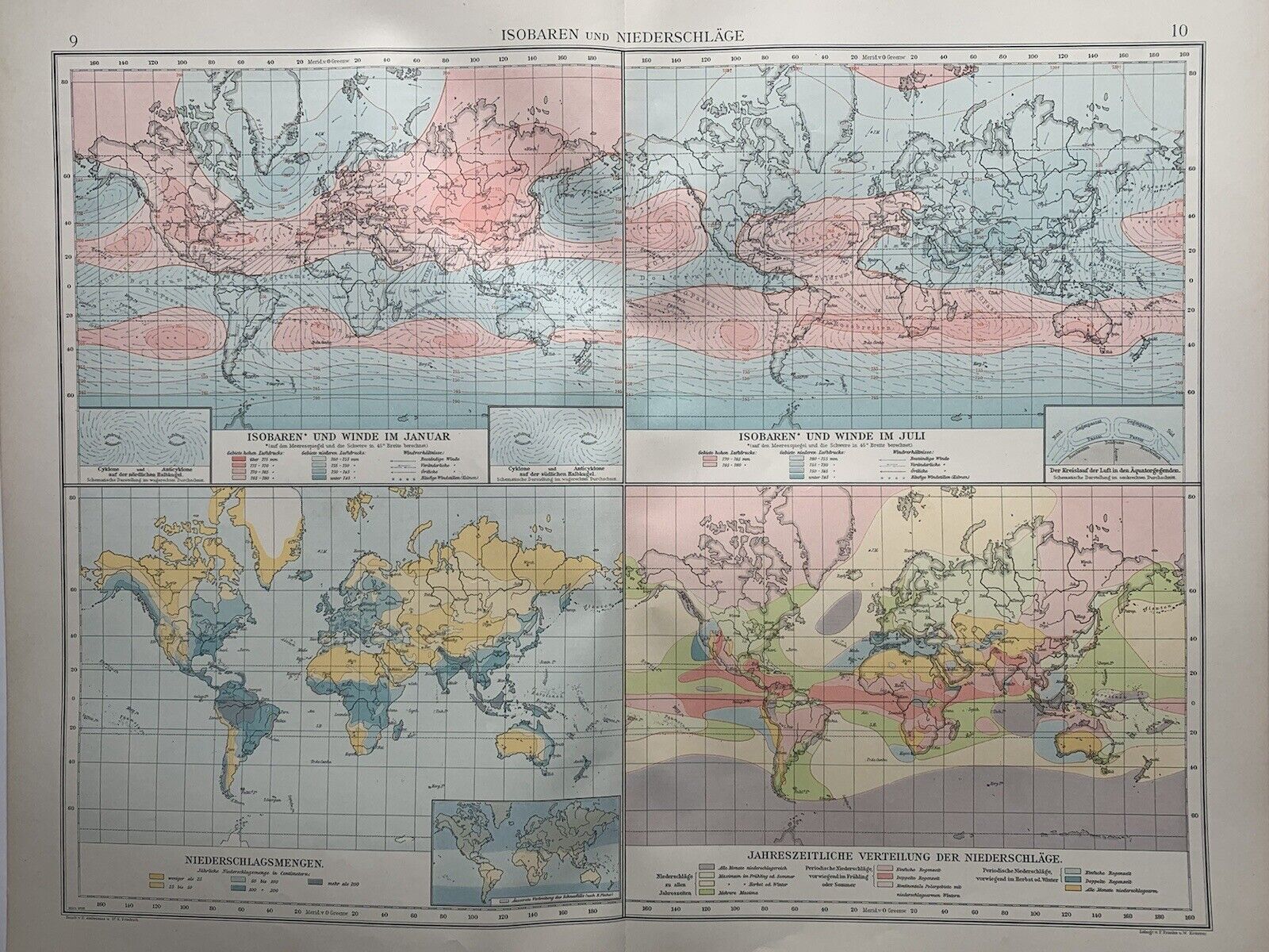 1899 World Isobar Rainfall Meteorological Chart Antique Map by Richard Andree
