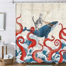 Funny Whale Shower Curtain, Red Kraken Octopus 36"W x 72"L Pack of 1 Cat