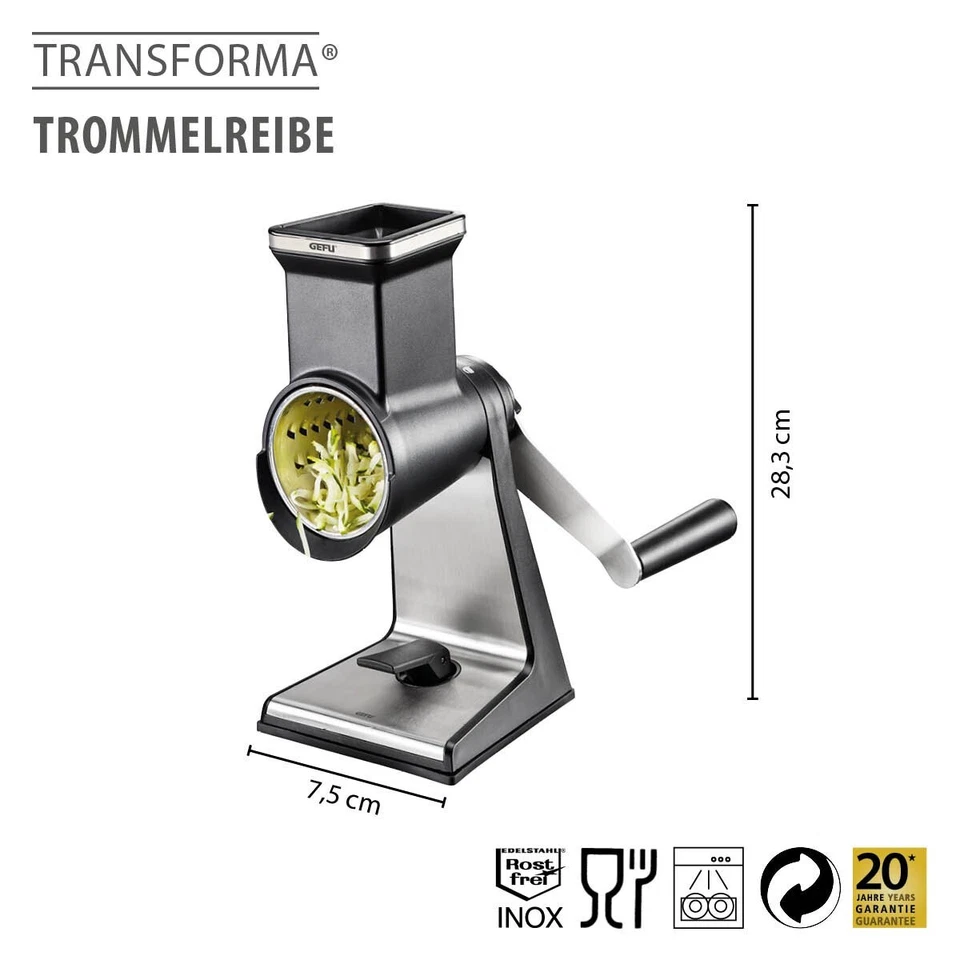 Trommelreibe TRANSFORMA® Reibemühle Gemüsehobel Edelstahl Reibe Gemüseschneider - Bild 2 von 4