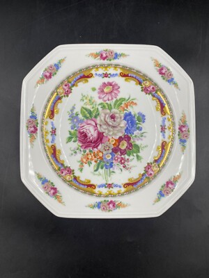 Tablett Kuchenteller Tortenaufleger Mittelstück achteckig t Limoges DEPOS Blumen Gold