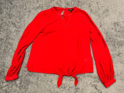 Express Blouse Womens XS Red Tie Front Long Sleeve Sheer Office Career Top Shirt