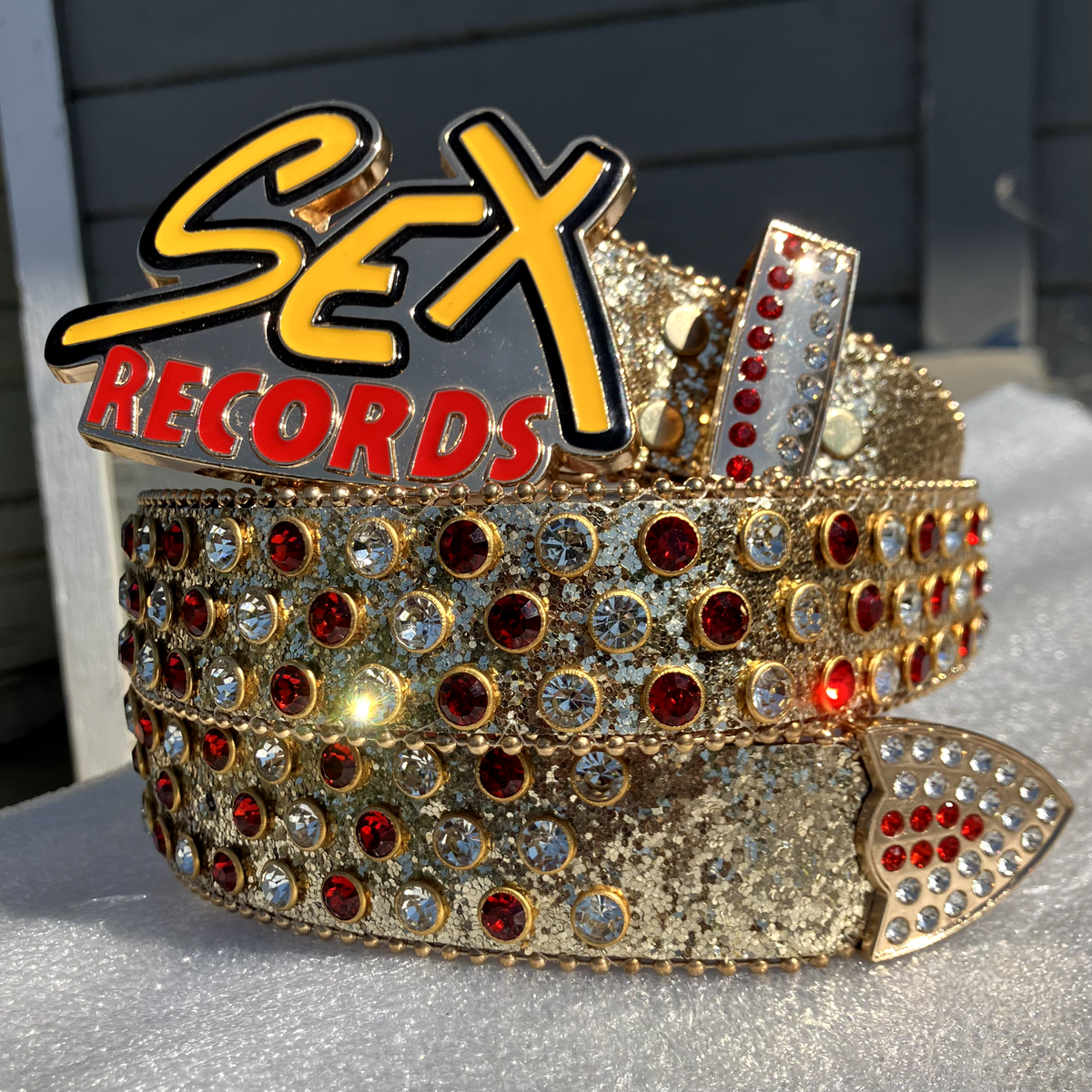 RARE* Y2K SEX RECORDS GOLD RED STUDDED LEATHER RHINESTONE BB BELT