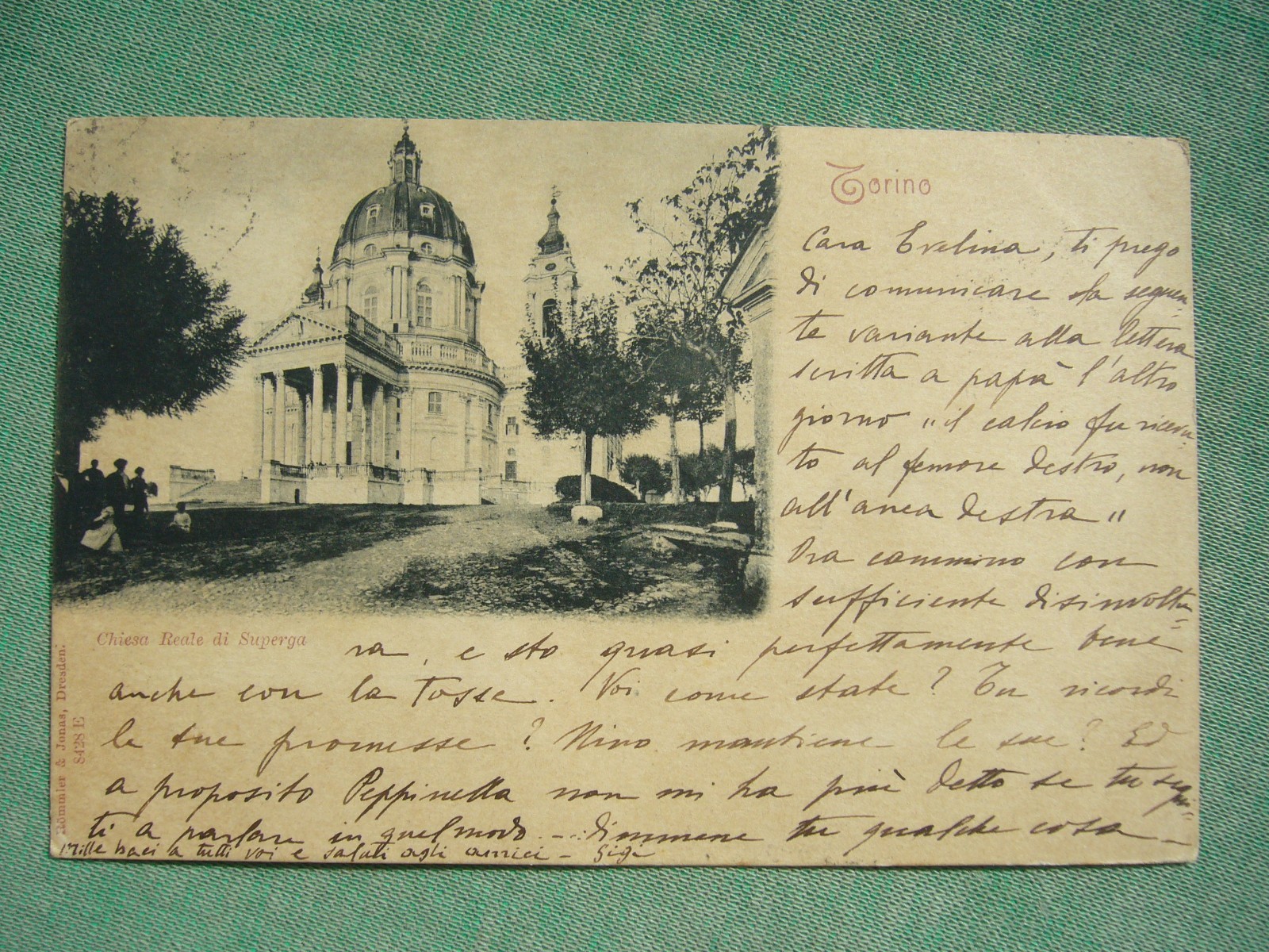 CARTOLINA ORIGINALE 1905 (?) TORINO CON LA CHIESA REALE DI SUPERGA VIAGGIATA